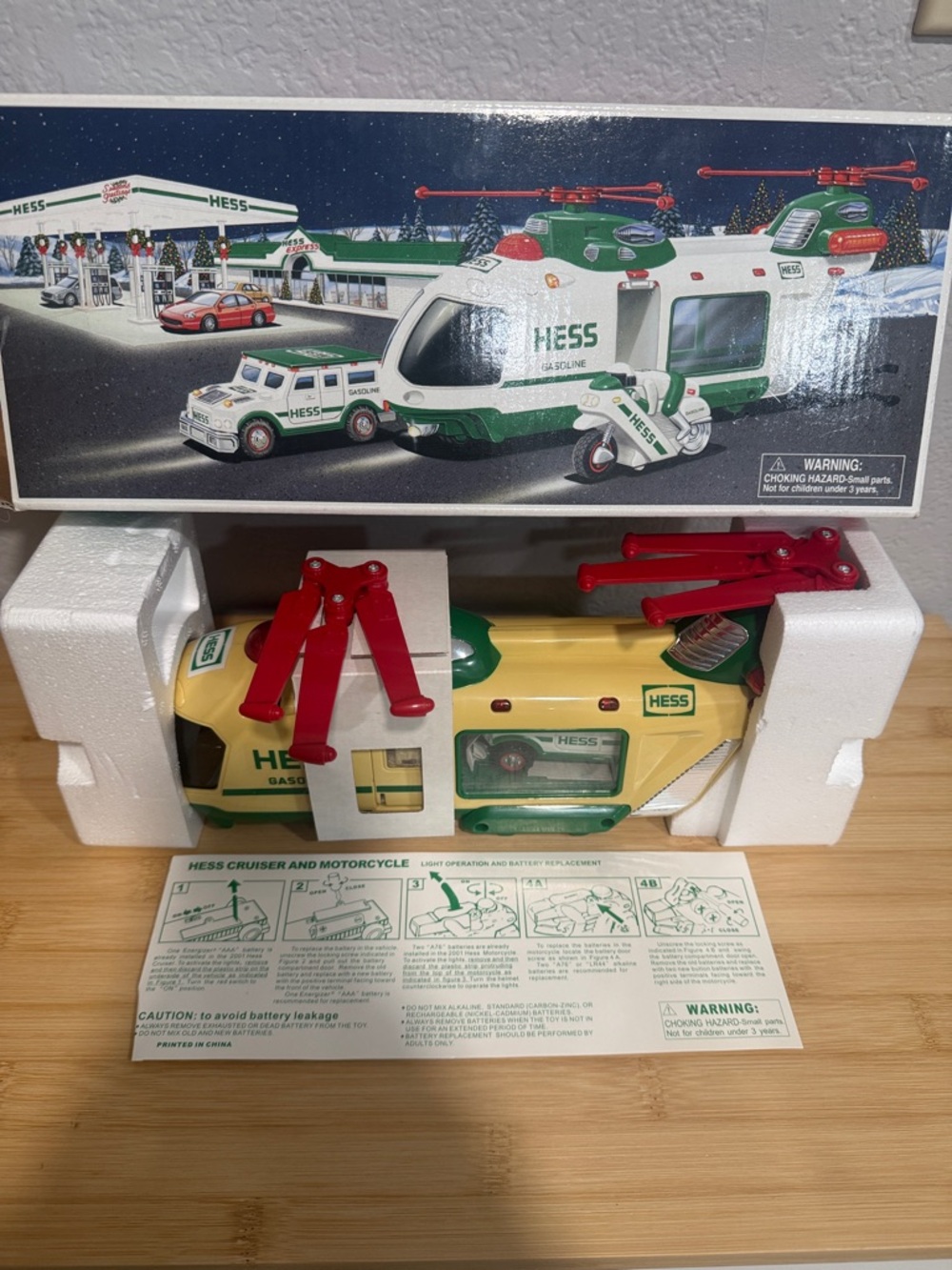 2001 Hess Helicopter with motorcycle and cruiser toy set in box